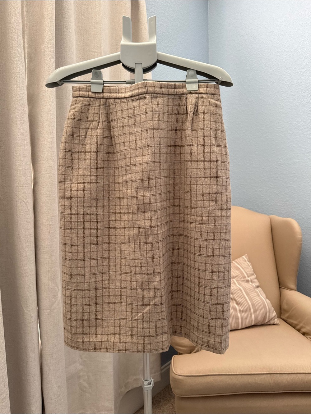 Vintage Preppy Classic Academia Beige Windowpane Wool Blend (?) Skirt Size M 6